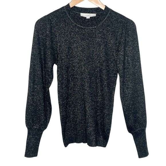 LOFT Sweaters - LOFT Metallic Ribbed Sweater Black Women’s XS Bishop Sleeve Sparkly Crewneck